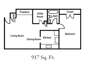 Floor plan for 1 bed, 1 bath, 917 sqft